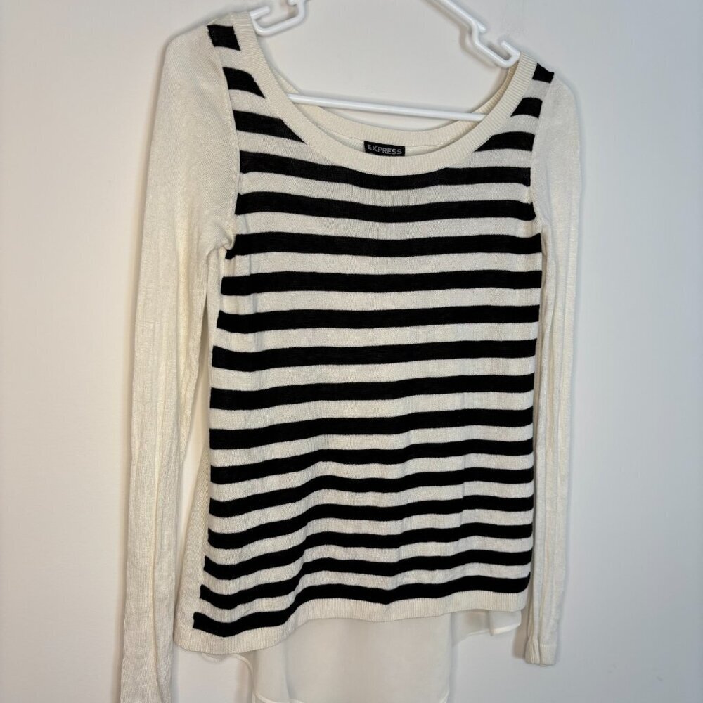 EXPRESS NEW Silk Blend Long Slv Open Back Striped Top Sheer Women XS Black White